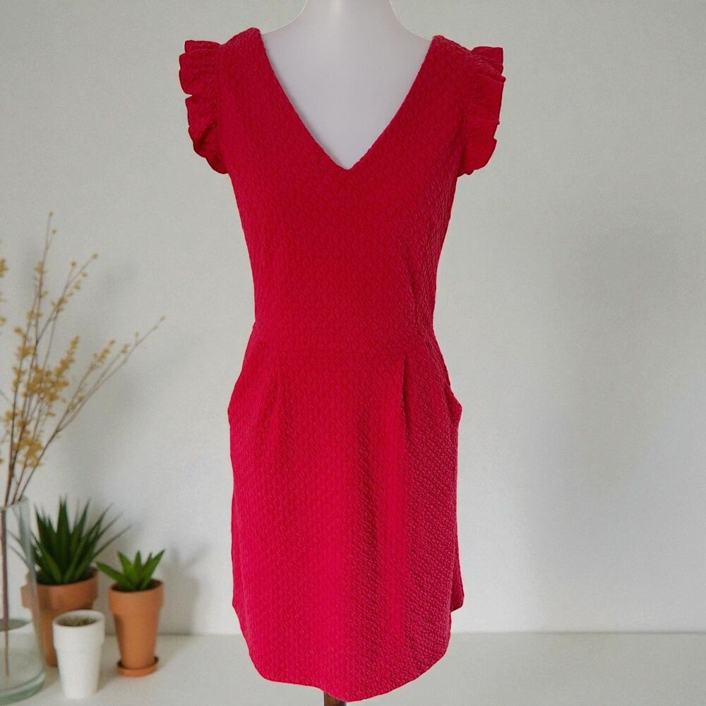 Anthropologie Tabitha Women's Textured Ruffle Sleeveless Dress Pockets Red Sz 6